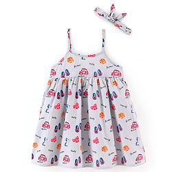 Bonfino Viscose Woven Sleeveless Pleated Frock with Headband Cars Print - Grey