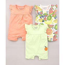 Bonfino 100% Cotton Knit Frill Sleeves Rompers Fruits & Polka Dots Print Pack of 3 - Multicolour