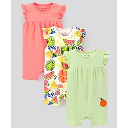 Bonfino 100% Cotton Knit Frill Sleeves Rompers Fruits & Polka Dots Print Pack of 3 - Multicolour