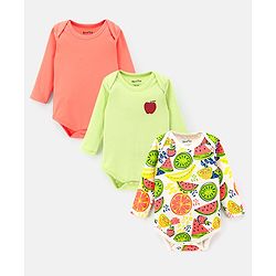 Bonfino 100% Cotton Interlock Frill Sleeves Rompers Watermelon & Orange Print Pack of 3- Green & Pink
