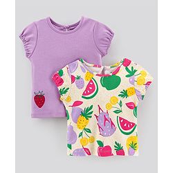 Bonfino 100% Cotton  Interlock Short Sleeves T-Shirt Pineapple & Watermelon Print Pack of 2- Purple & White