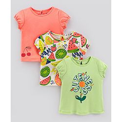 Bonfino 100% Cotton  Interlock Short Sleeves T-Shirt Cherry & Watermelon Print Pack of 3- Green & Peach