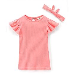 Bonfino Knit Flutter Sleeves Solid Frock With Headband- Peach