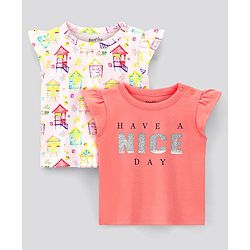 Bonfino 100% Cotton Interlock Fabric Half Sleeves Text & House Printed T-Shirt Pack Of 2 - Pink & Red