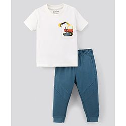 Bonfino 100% Cotton Half Sleeves Construction Vehicle Embroidery T-Shirts & Bottoms Set - White & Blue