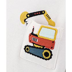 Bonfino 100% Cotton Half Sleeves Construction Vehicle Embroidery T-Shirts & Bottoms Set - White & Blue