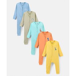 Bonfino 100% Cotton Knit Full Sleeves Sleep Suits With Dino Logo Print Pack of 5 - Multicolor