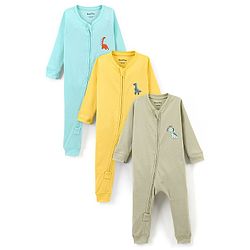 Bonfino 100% Cotton Full Sleeves Sleepsuit Dino Logo Print Pack of 3 - Multicolour