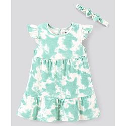 Bonfino 100% Cotton Interlock Frill Sleeves Frock Tie & Dye Print - Green & Offwhite