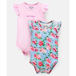 Bonfino 100% Cotton Interlock Frill Sleeves Onesies Floral Print Pack of 2- Pink & Blue