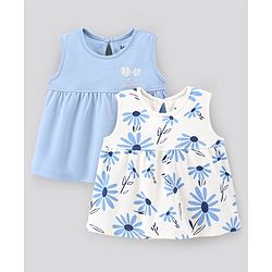 Bonfino Cotton Sleeveless Top Floral Print Pack of 2 - Off White & Blue