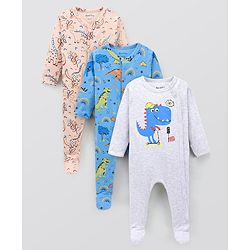 Bonfino 100% Cotton Knit Full Sleeves Sleep Suit Dino Print pack of 3- White & Blue