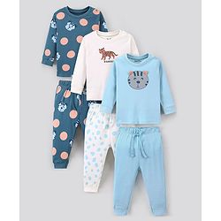 Bonfino 100% Cotton Knit Full Sleeves Night Suit Tiger Print Pack of 3- White Blue & Light Blue