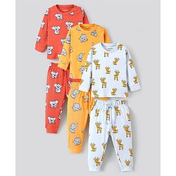 Bonfino 100% Cotton Knit Full Sleeves Night Suit Elephant & Deer Print Pack of 3- Yellow Grey & Red