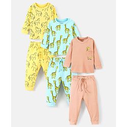 Bonfino 100% Cotton Knit Full Sleeves Night Suit Giraffe & Horse Print Pack of 3- Yellow Brown & Turquoise