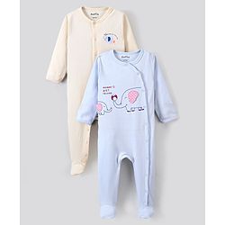 Bonfino 100% Cotton Full Sleeves Sleep Suits Elephant Print Pack of 2 - Blue & White
