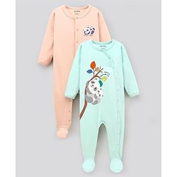 Bonfino 100% Cotton Knit Full Sleeves Sleep Suits Panda Print & Patch Work Pack of 2 - Peach & Blue