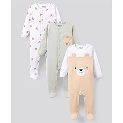 Bonfino 100% Cotton Knit Full Sleeves Sleep Suits Pack of 3 Teddy & Stars Print - Grey & White