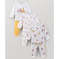 Bonfino 100% Cotton Full Sleeves Night Suit Bear & Stars Print Pack of 3- White