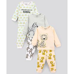 Bonfino 100% Cotton Full Sleeves Night Suit Leopard & Zebra Print Pack of 3- Peach & White