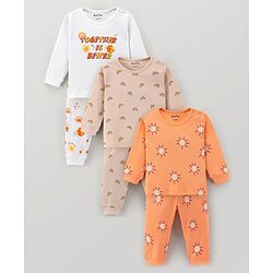 Bonfino 100% Cotton Full Sleeves Night Suit Sun & Rainbow Print Pack of 3- Orange & Peach