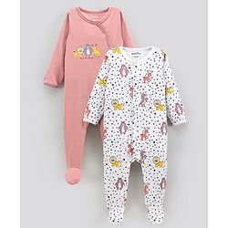 Bonfino 100% Cotton Full Sleeves Animal Print Sleep Suits Pack of 2 - Peach & White