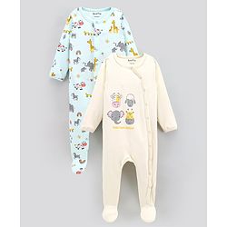 Bonfino 100% Cotton Full Sleeves Sleep Suits Animal Print Pack of 2 - Off White