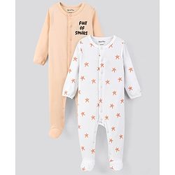 Bonfino 100% Cotton Knit Full Sleeves Sleep Suits Stars Print Pack of 2 - White & Beige