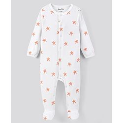 Bonfino 100% Cotton Knit Full Sleeves Sleep Suits Stars Print Pack of 2 - White & Beige