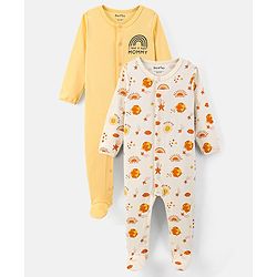 Bonfino 100% Cotton Knit Full Sleeves Sleep Suits Planets Print Pack of 2 - Off White & Beige