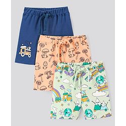Bonfino 100% Cotton Knee Length Shorts Train & Mushroom Print Pack Of 3- Green Peach & Navy
