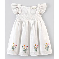 Bonfino Cotton Schiffli Half Sleeves Frock with Embroidery - White