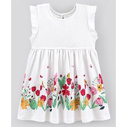 Bonfino 100% Cotton Interlock Frill Sleeves Floral Print Frock - OffWhite