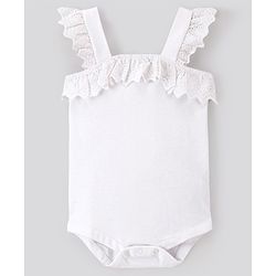 Bonfino 100% Cotton Interlock Sleeveless Solid Onesie with Schiffili Lace Design - Ivory