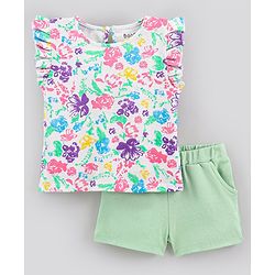Bonfino 100% Cotton Interlock Fabric Frill Sleeves Floral Printed T-Shirt With Solid Colour Shorts - White & Green