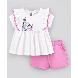 Bonfino 100% Cotton Interlock Fabric Half Sleeves Floral Printed Top with Solid Colour Shorts - Off White & Pink