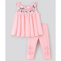Bonfino Sleeveless Embroidered Frock Style Top With Ankle Length Legging with Bow Applique - Pink