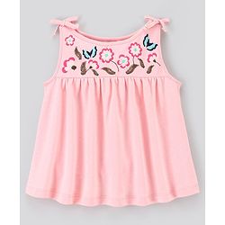 Bonfino Sleeveless Embroidered Frock Style Top With Ankle Length Legging with Bow Applique - Pink
