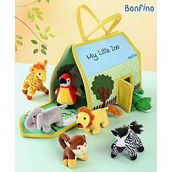 Bonfino 18.5 cm Premium My Little Zoo House with Carry Handle | 7 Jungle Safari Plush Figurines Toys | Lion, Parrot, Crocodile, Elephant, Monkey, Giraffe, Zebra | Pretend Play | BIS Certified