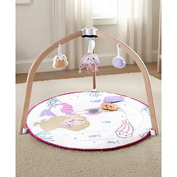 Bonfino 2 in 1 Wooden Baby PlayGym with Soft Cotton Mat & Hanging Toys for Newborns | Tummy Time Baby Activity Playmat | Developmental Sensory Toy | Machine Washable & Easy to Assemble