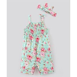 Bonfino 100% Rayon Woven Sleeveless Jumpsuit with Headband Floral Print - Green