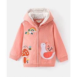Bonfino 100% Cotton French Terry Fabric Hooded Full Sleeves Sweatshirt with Garden Theme Applique Embroidery - Coral Pink