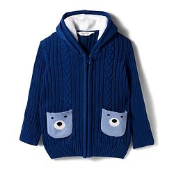 Bonfino Knit Full Sleeves Front Open Hooded Sweater with Cabel Knit & Bear Design - Navy Blue