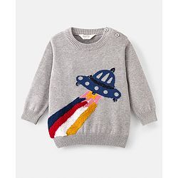 Bonfino 100% Cotton Knit Full Sleeves Pullover Sweater Spaceship Design - Grey