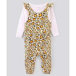 Bonfino 100% Cotton Knit Dungaree Style Romper with Full Sleeves T-Shirt Leopard Print - Beige & White