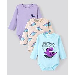 Bonfino Cotton Full Sleeves Onesies with Dino Print Pack of 3 - Grey Melange Cosmic Sky & Plume