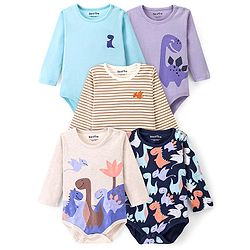 Bonfino Cotton Knit Full Sleeves Bird Printed & Striped Onesies Pack of 5 - Multicolor