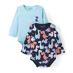 Bonfino 100% Cotton Full Sleeves Onesies with Dino Print Pack of 2 - Sky & Navy Blue