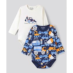 Bonfino Cotton Full Sleeves Onesies with Trucks Print Pack of 2 - Navy Peony & Off White
