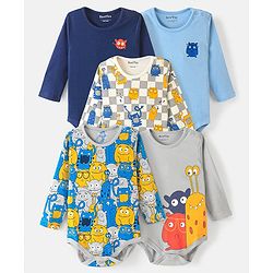 Bonfino Cotton Full Sleeves Onesies with Cartoon Print Pack of 5 - Multicolour
